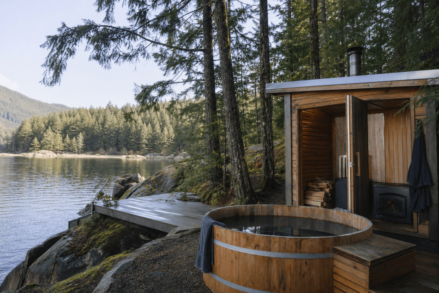 A wood-fired sauna and a cold plunge beside a calm lake with evergreen trees and soft Pacific Northwest light
