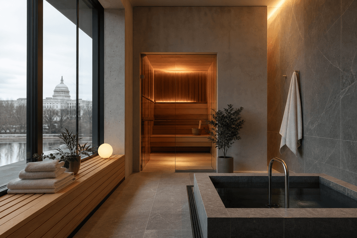 A calm modern bathhouse interior in Washington DC with a sauna and cold plunge, soft light