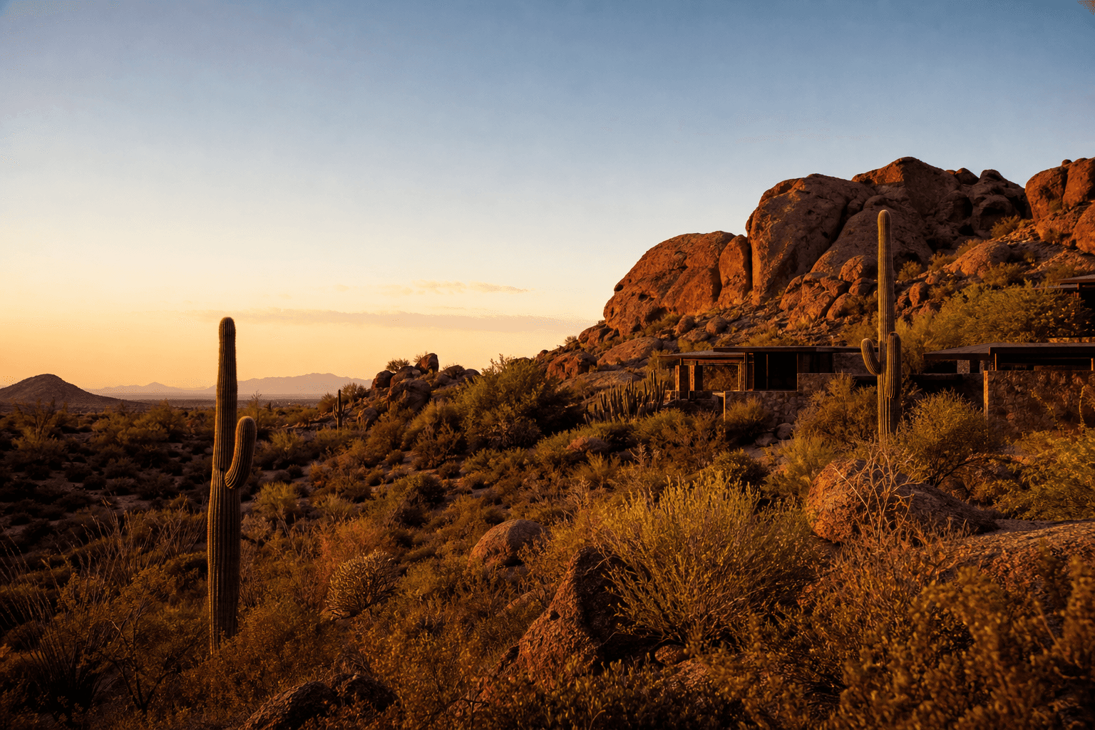 A quiet desert retreat at golden hour with red rock formations, saguaro cacti, and a calm open sky