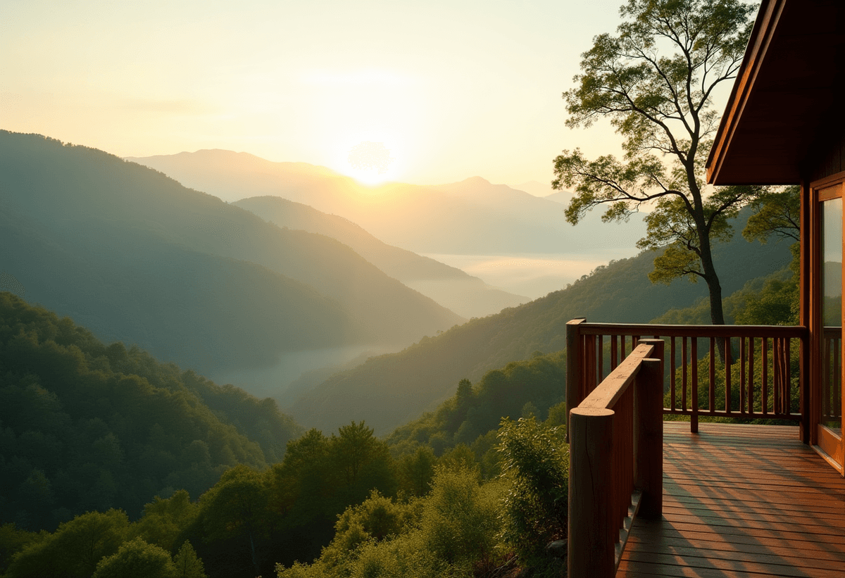 Misty Blue Ridge mountain ridgelines near Asheville at golden morning light, a calm wellness-retreat setting