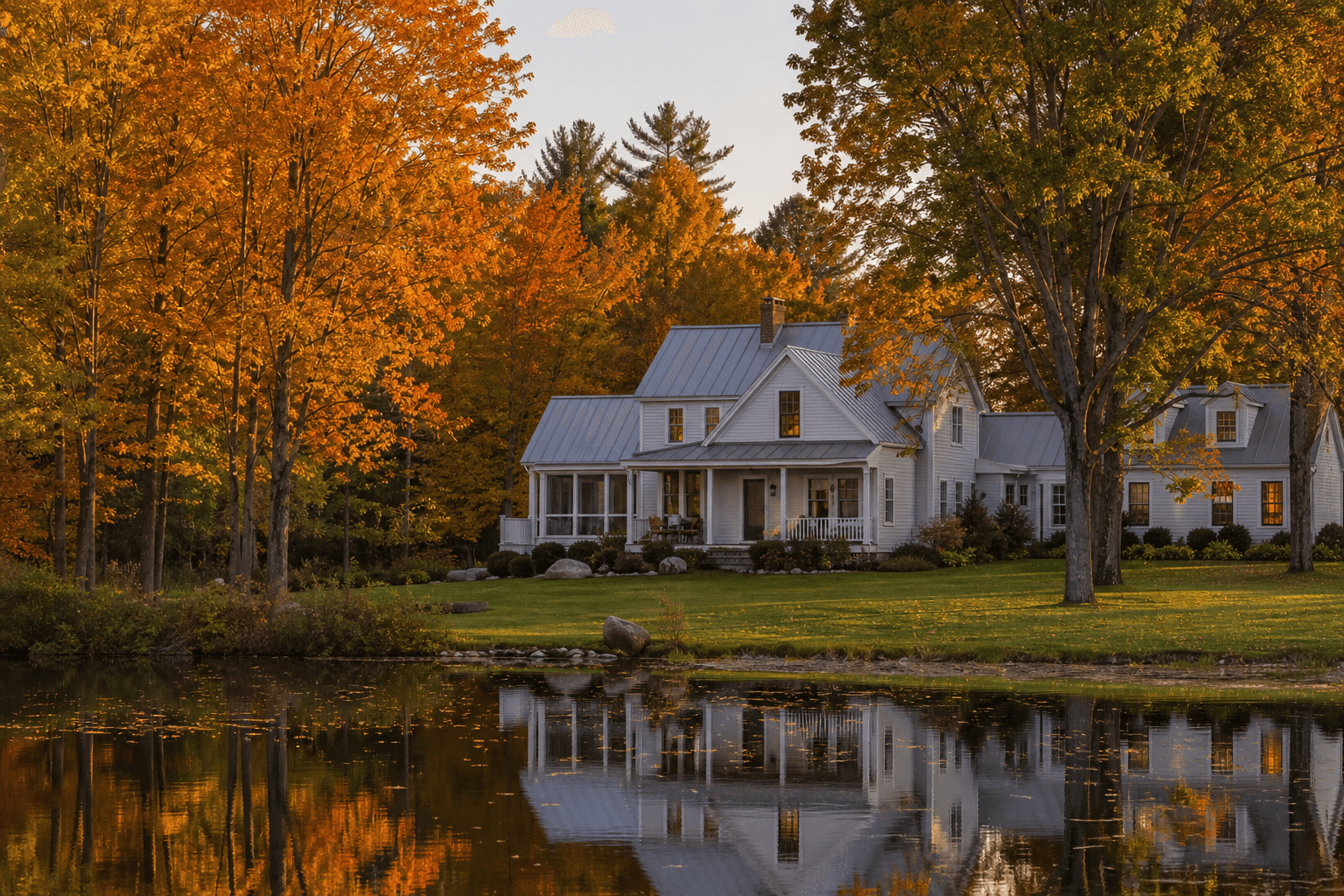 A classic New England farmhouse retreat surrounded by autumn maples with a still pond at golden hour