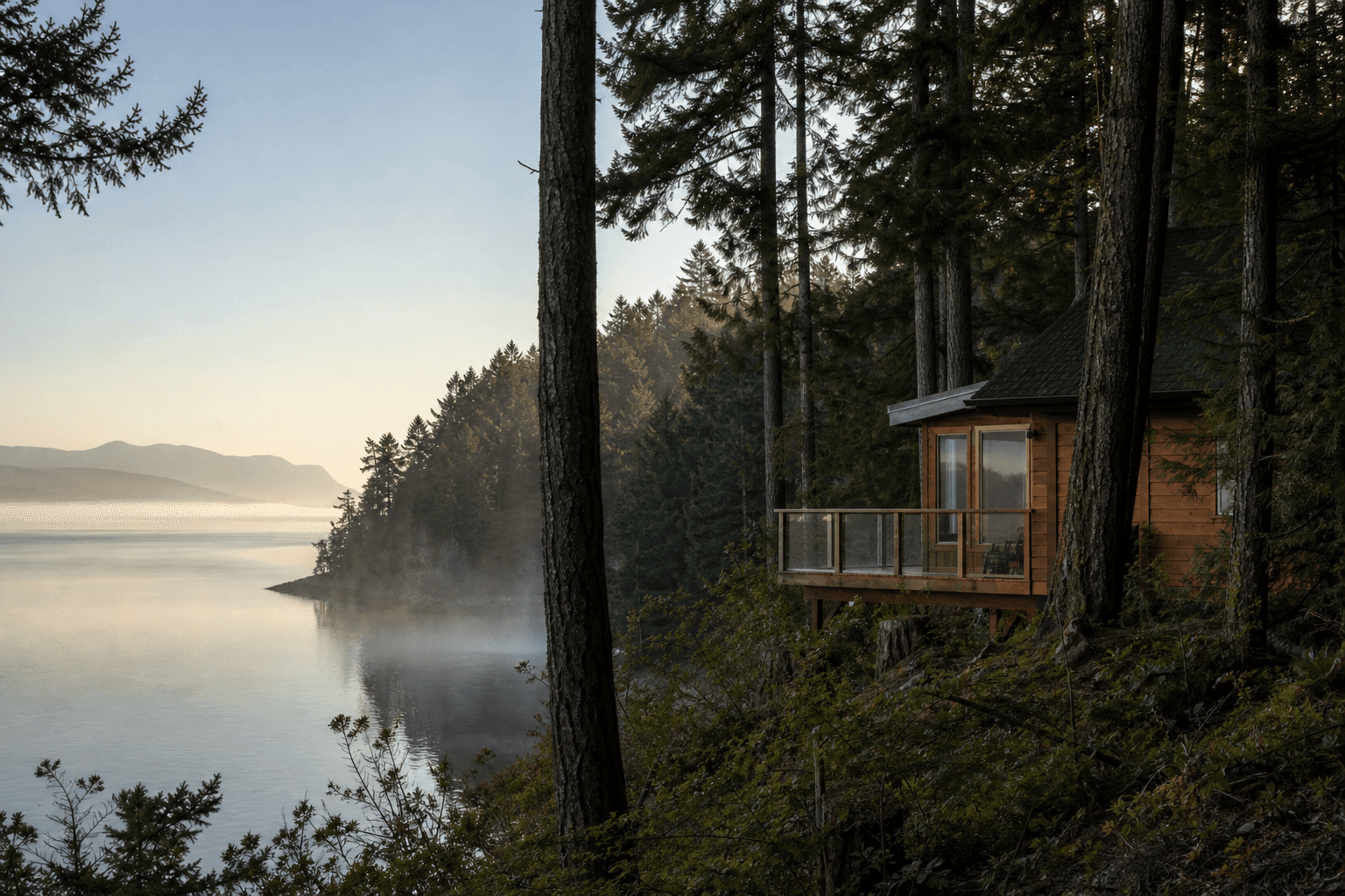A wooden retreat cabin among tall evergreen trees with morning mist over a quiet Pacific Northwest inlet