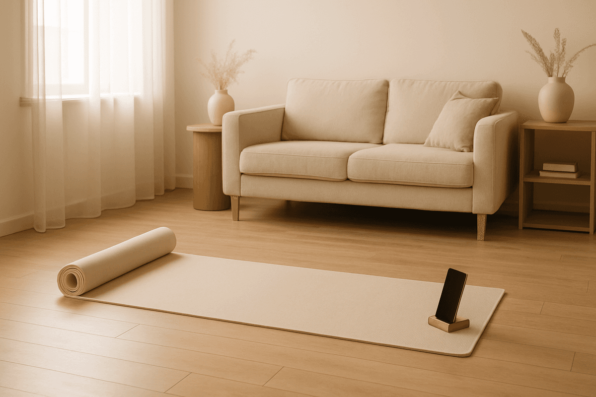 A yoga mat unrolled in a bright living room with a phone propped on a small stand