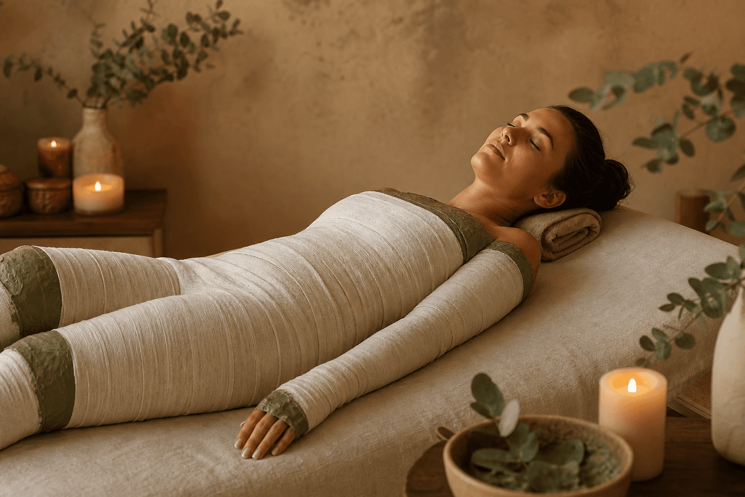A spa treatment room with warm amber lighting, a client lying on a treatment table wrapped in white linen bandages with green mud visible at the edges, soft candles and eucalyptus branches nearby