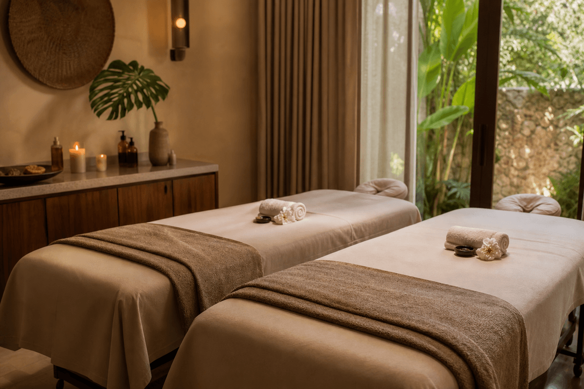 Two massage tables side by side in a warmly lit treatment room with folded towels