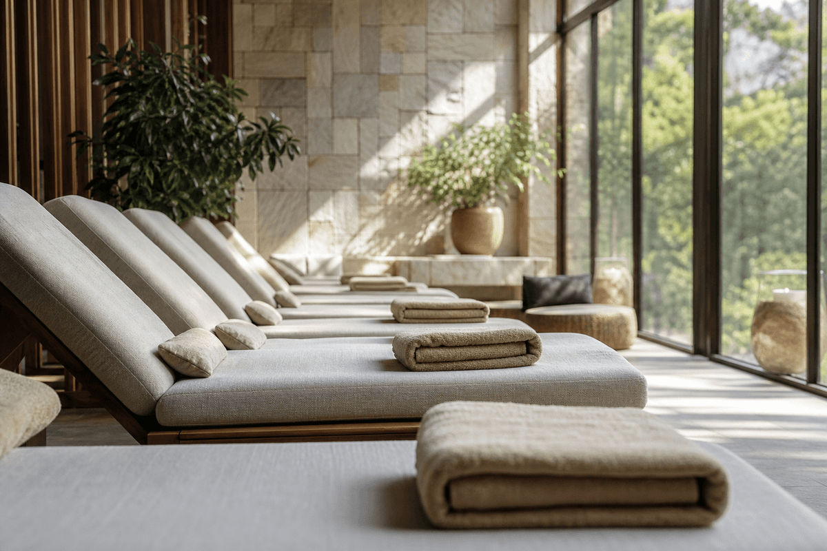 A row of loungers and folded towels in a bright relaxation lounge