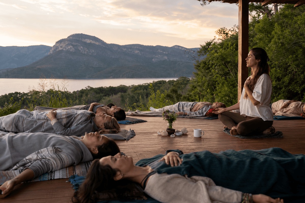 A group breathwork session in a calm, naturally lit space