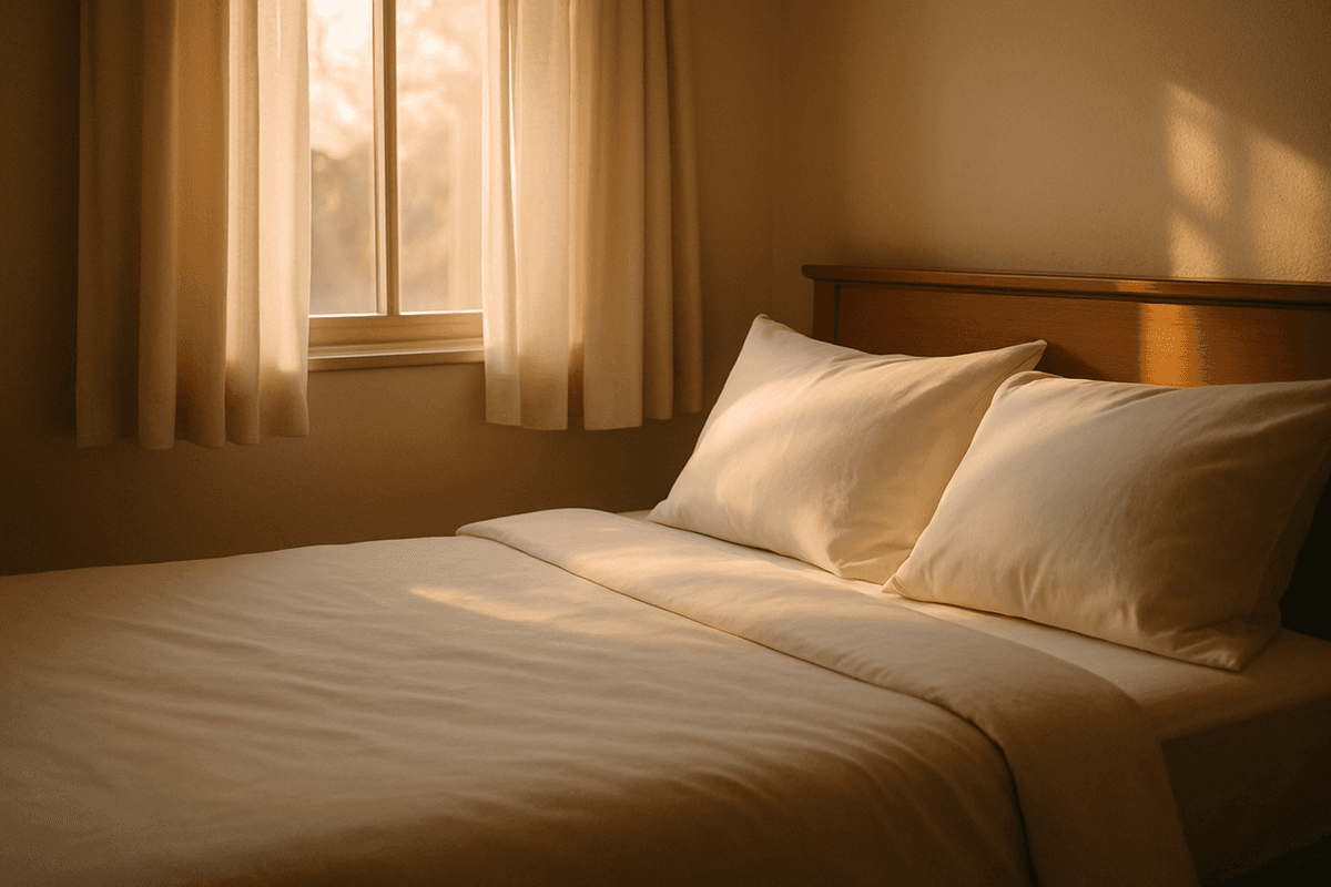 A made bed with soft white pillows in soft morning light