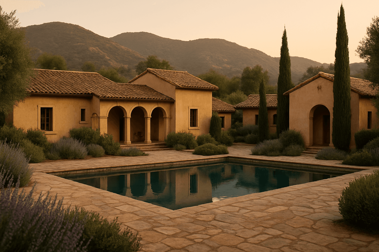 A small Mediterranean-style wellness estate in inland San Diego county with a stone terrace and still pool