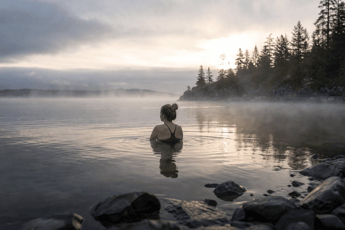 Still open water at dawn with mist rising and a quiet shoreline in soft grey light