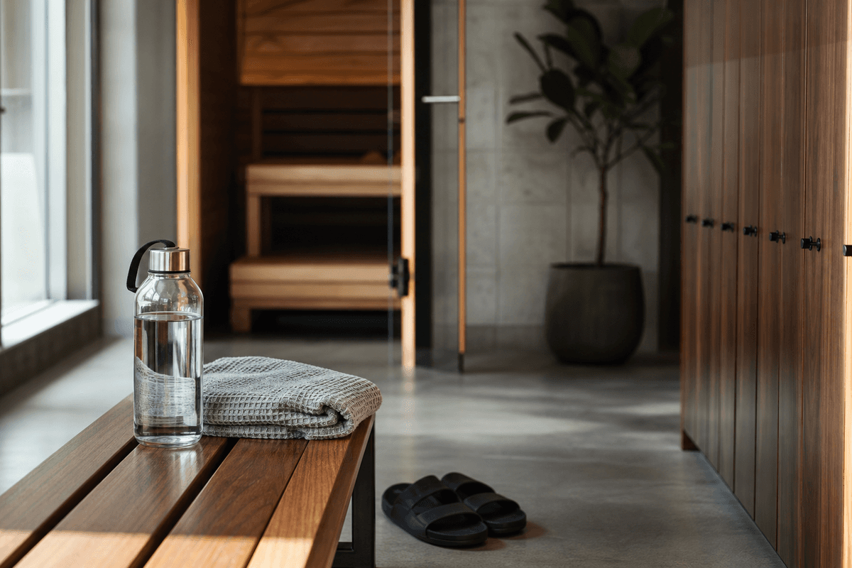 A locker room bench with a folded towel, water bottle and sandals in soft light