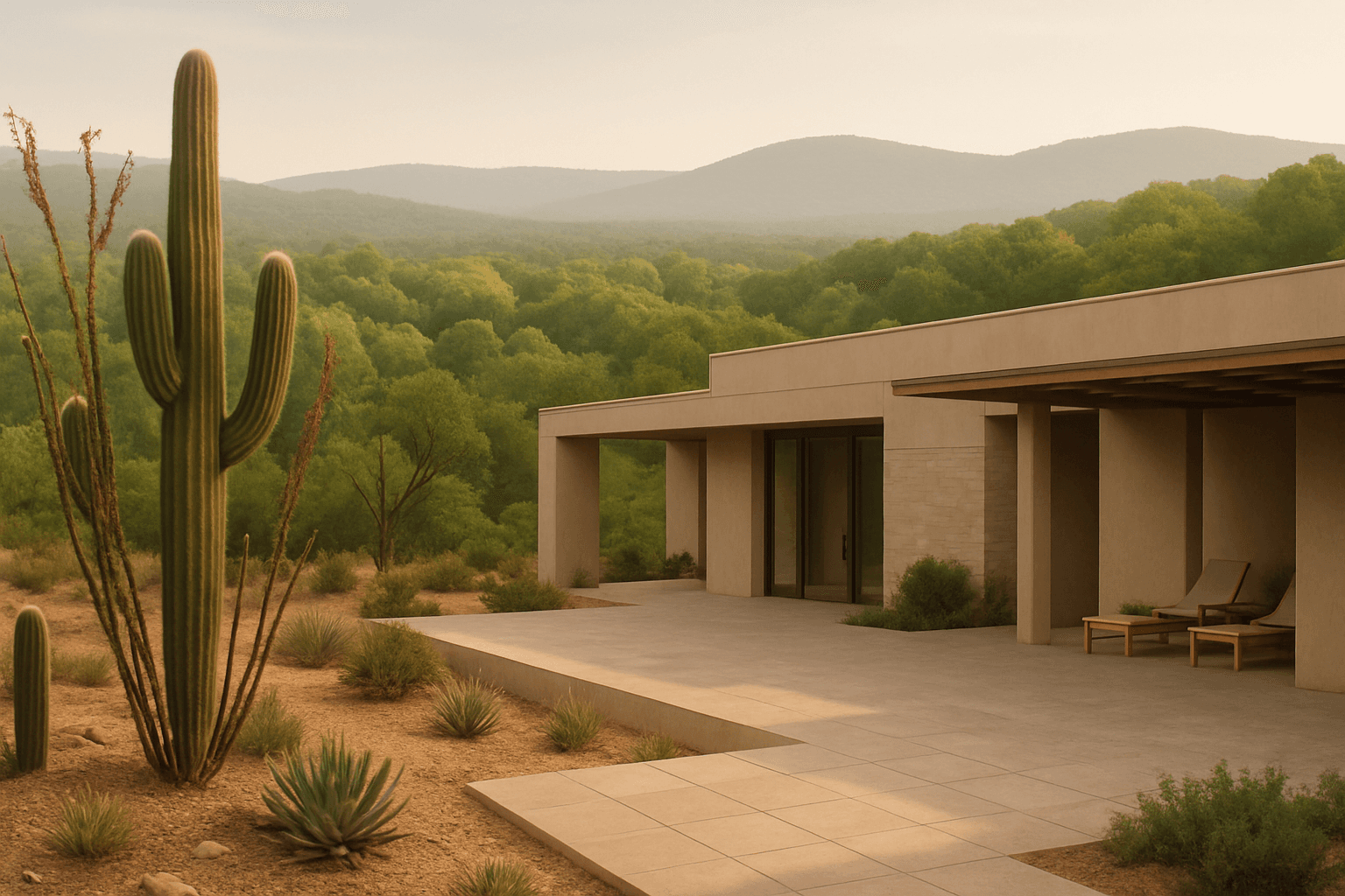 A Sonoran desert terrace in the foreground with green New England hardwood forest behind