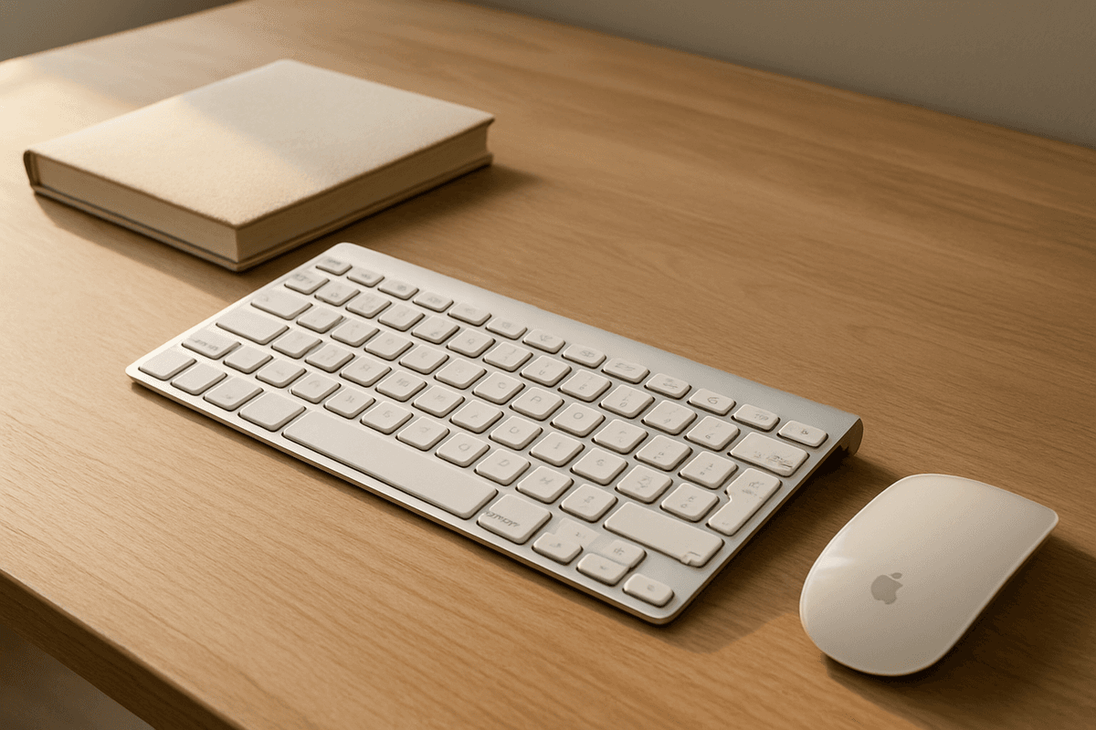 A keyboard and mouse on a tidy wooden desk in daylight