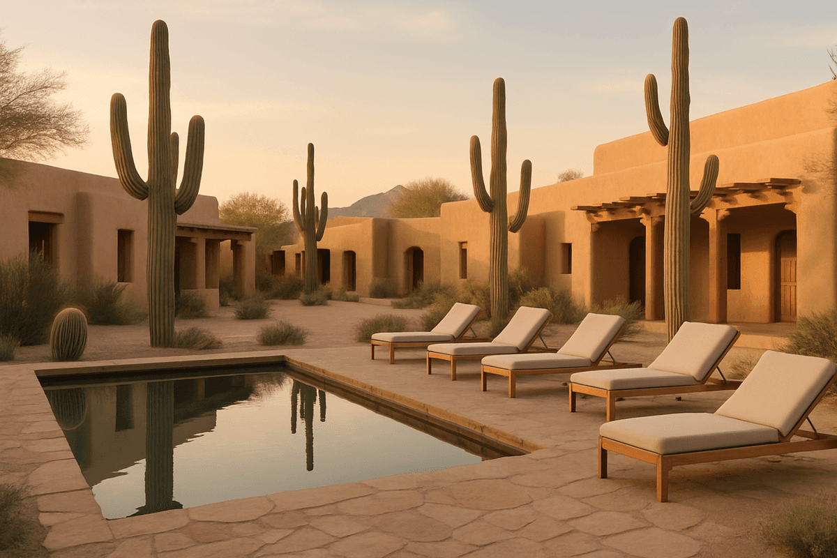 A quiet desert resort courtyard at golden hour with saguaro cactus and a still pool