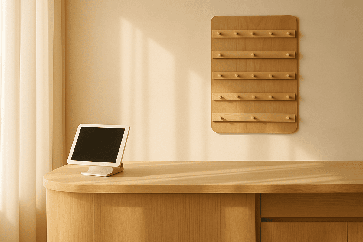 A calm studio reception desk with a tablet and a class schedule board in warm light