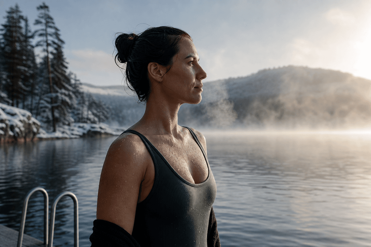A person standing calm and alert after a cold plunge, breath visible in cool morning air