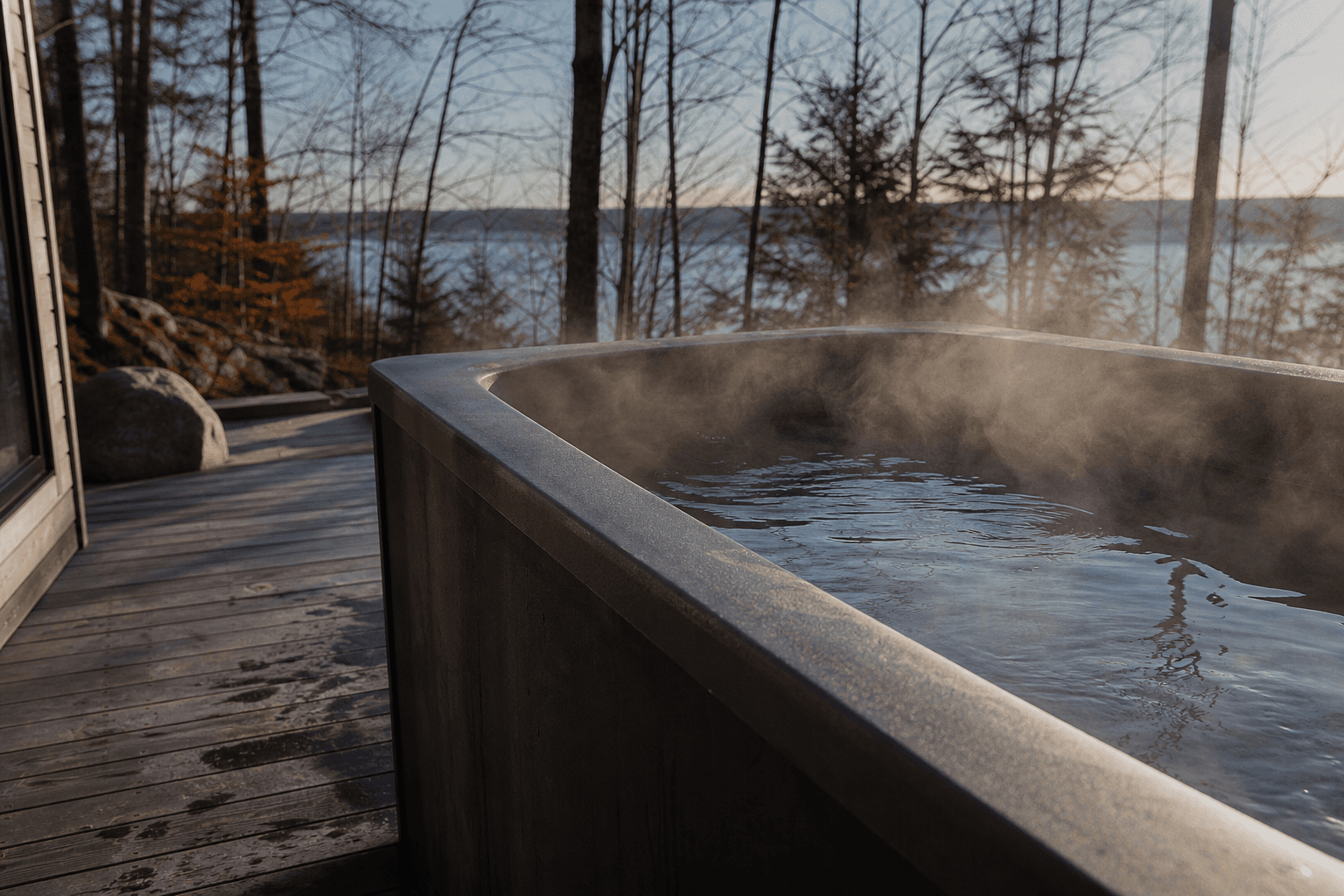 Steam rising off a cold plunge tub on a quiet deck in cool morning light