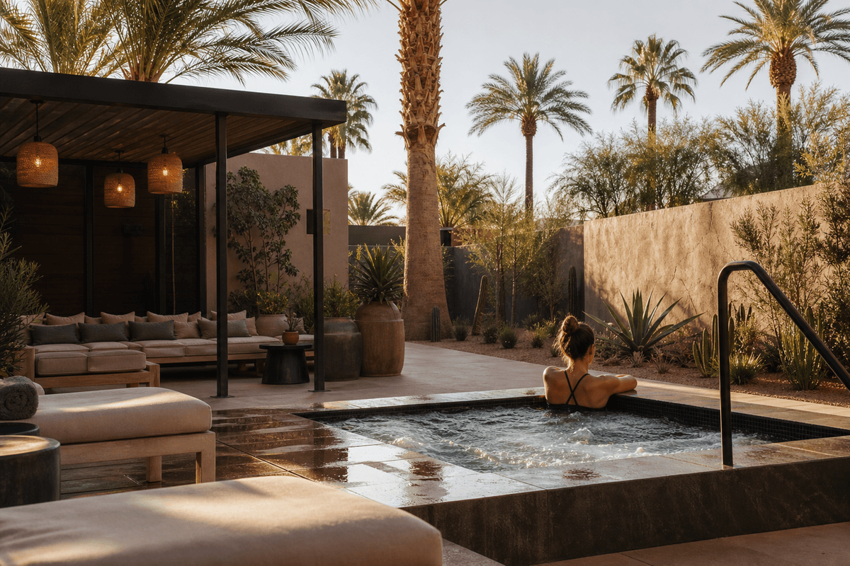A palm-lined desert courtyard with a plunge pool and shaded recovery deck in warm afternoon light