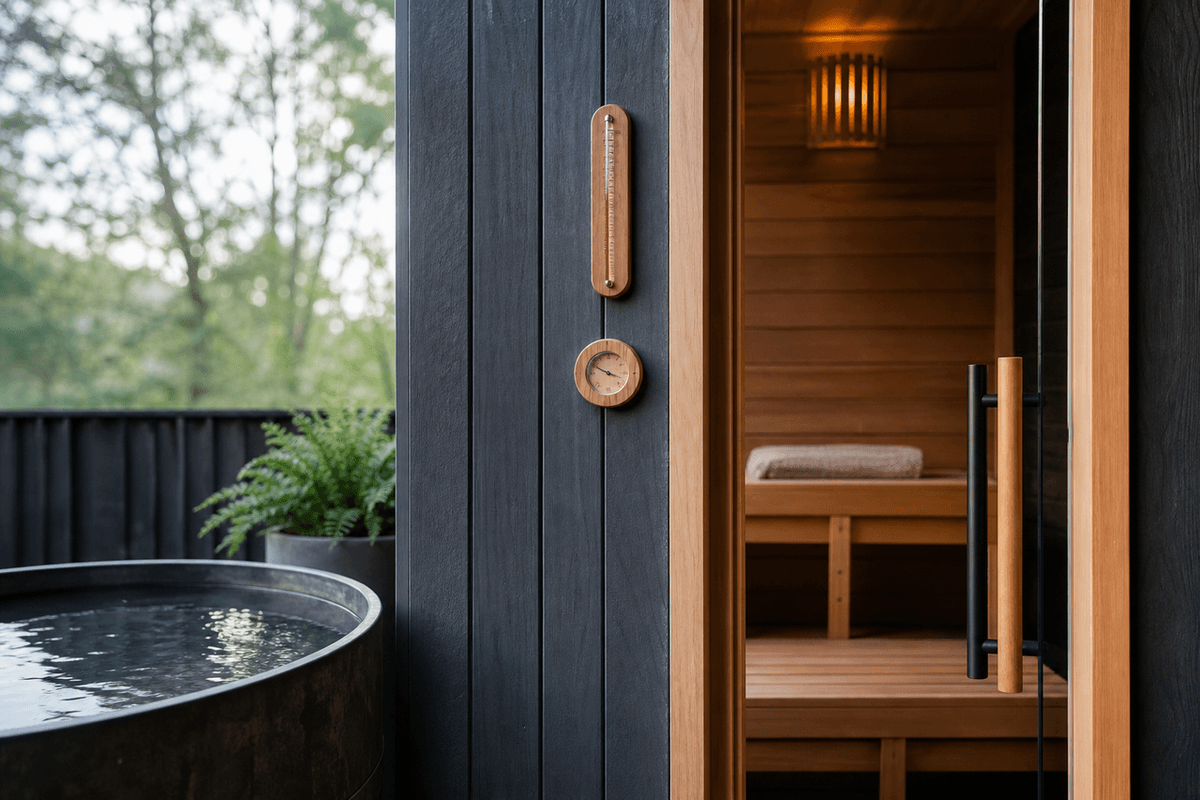 A wall thermometer and timer beside a cedar sauna door and a cold plunge tub