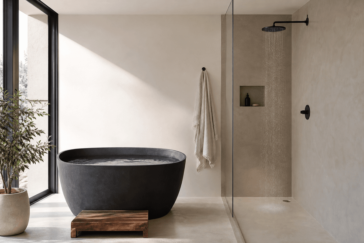 A cold plunge tub beside a simple shower in a bright minimal bathroom