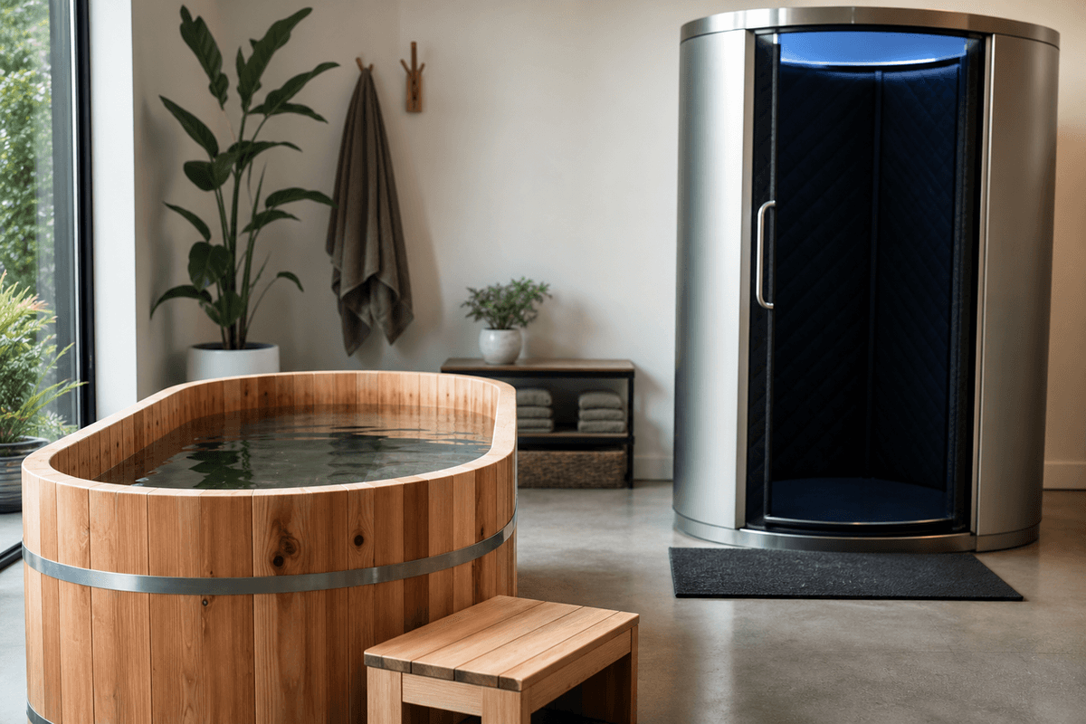 A cedar cold plunge tub with clear water beside a modern cryotherapy chamber in a recovery studio