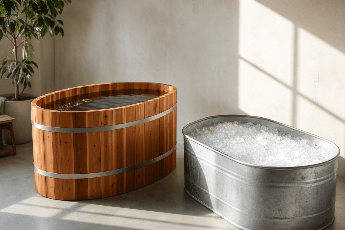 A cedar cold plunge tub next to a metal tub filled with ice water in a bright studio