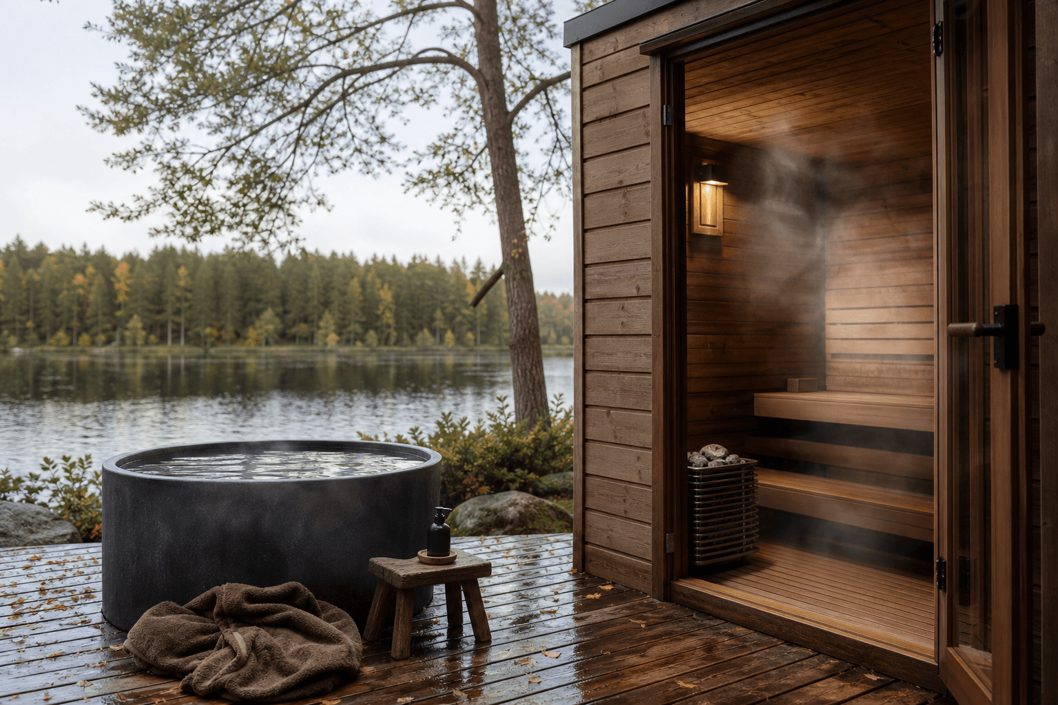 A hot wood sauna next to a cold plunge tub on a calm deck, steam rising, inviting the hot-cold cycle
