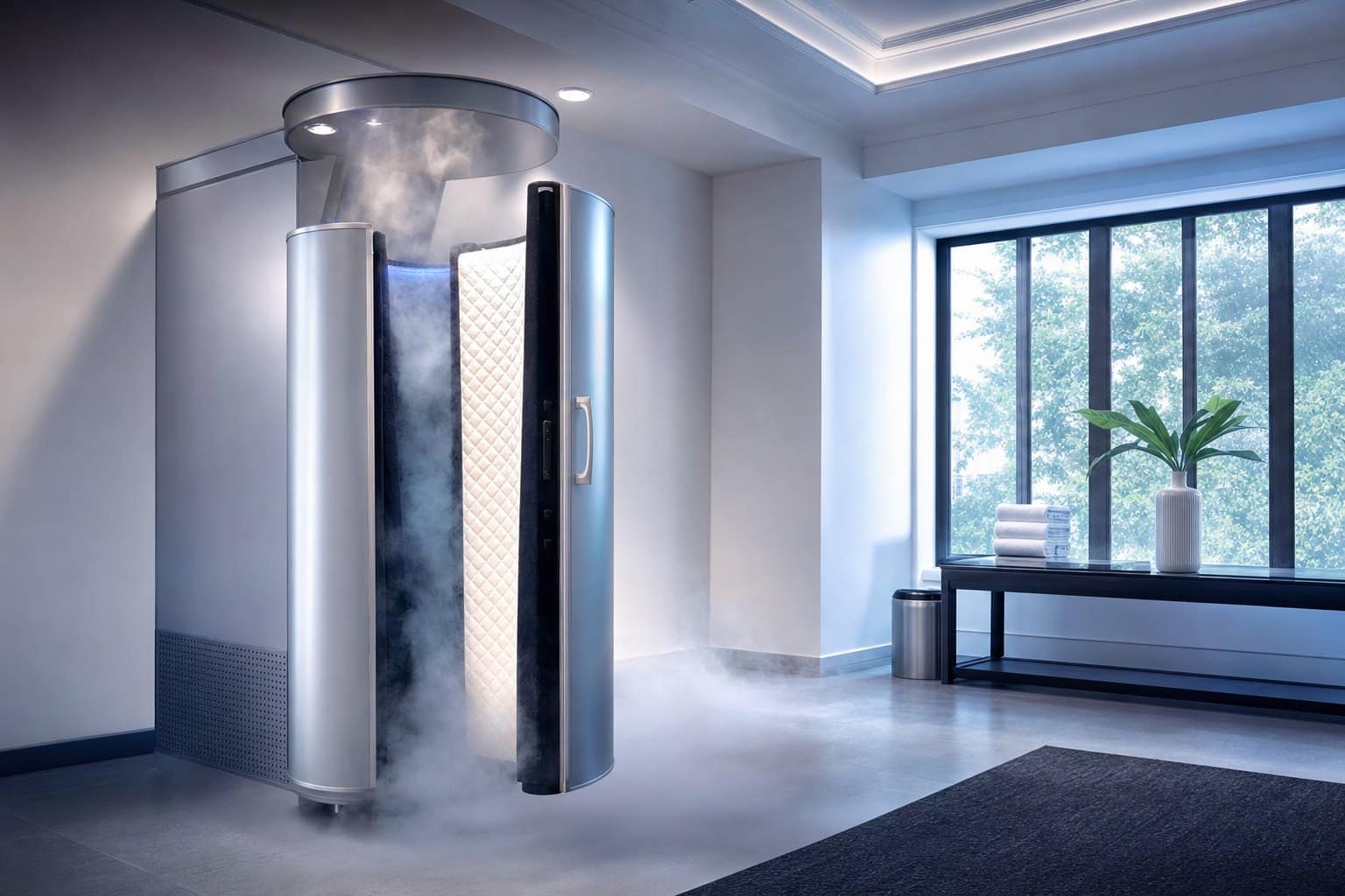 A modern cryotherapy chamber emitting cold vapor in a clean wellness studio