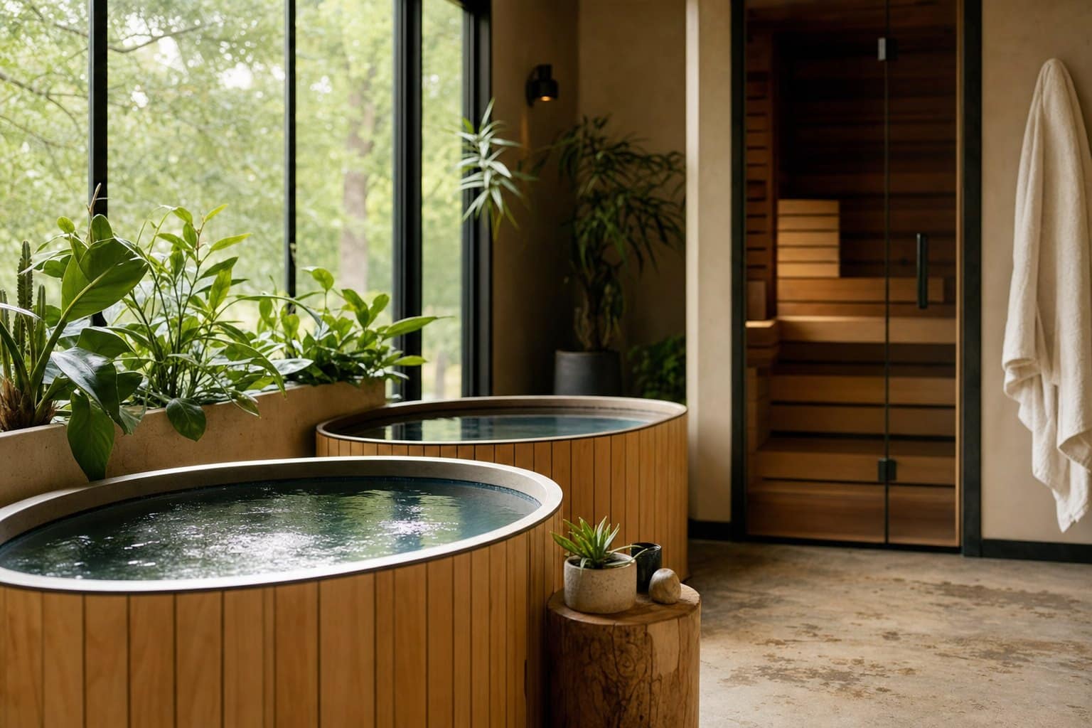 A calm, light-filled wellness studio with a cedar cold plunge and sauna