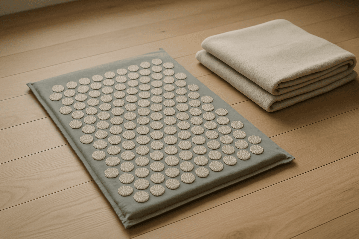 A spiked acupressure mat lying unrolled on a wooden floor in soft daylight