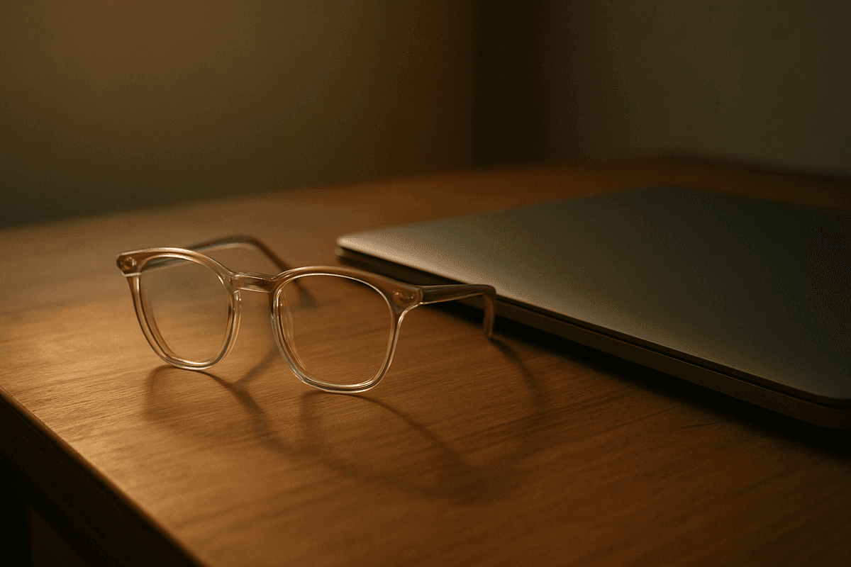 A pair of clear glasses resting beside a laptop on a desk in evening light