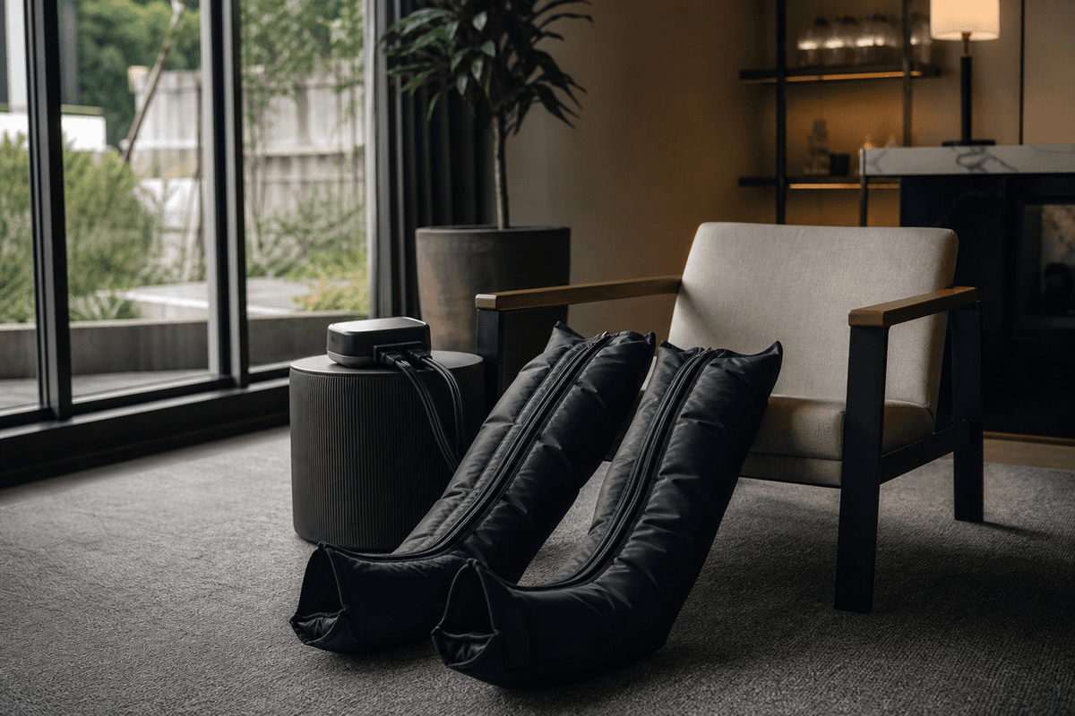 A pair of inflatable recovery compression boots resting beside a chair in a calm recovery lounge