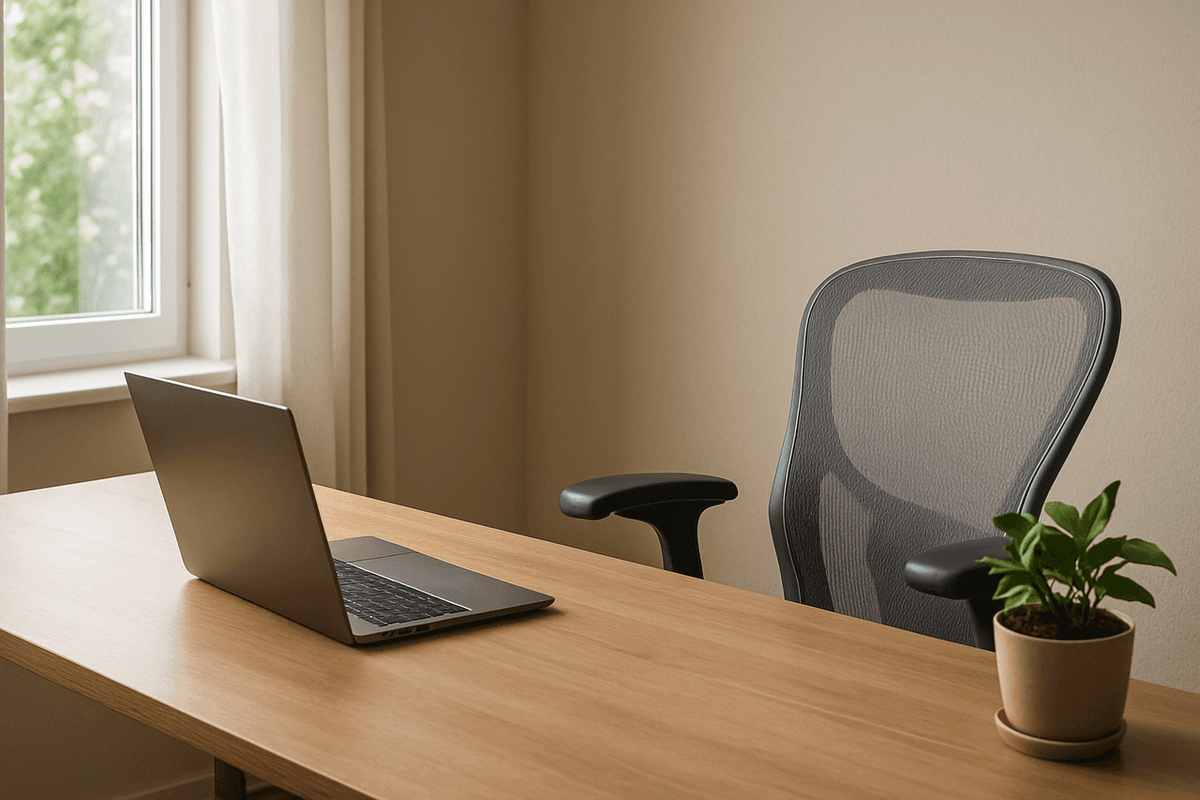 A tidy home desk setup in daylight with an empty chair, keyboard, and a small plant