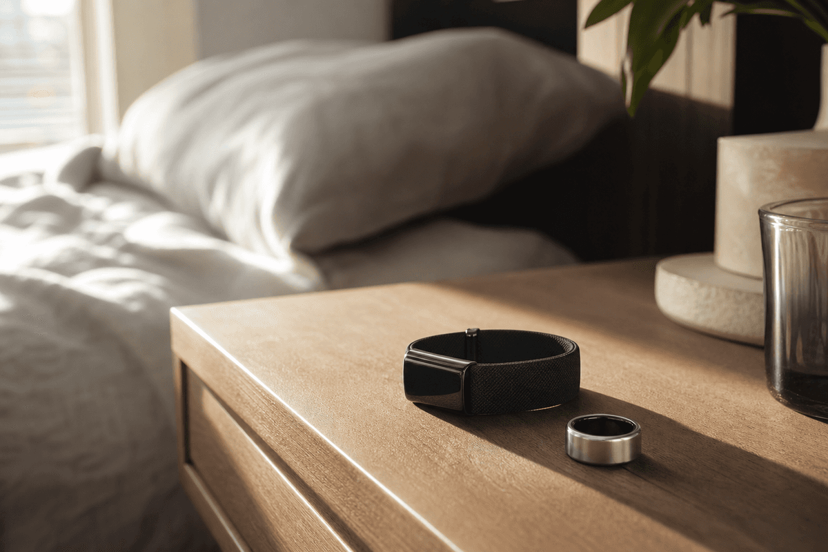 A wrist wearable and a smart ring resting on a bedside table in soft morning light