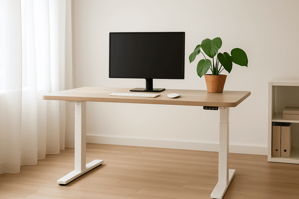 An empty height-adjustable desk in a bright home office, raised to standing height, with no people or branding