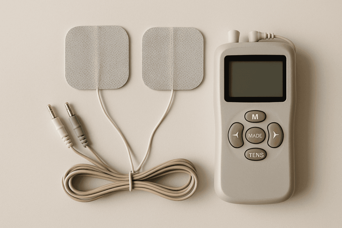 A small handheld electrotherapy device with two electrode pads and lead wires laid out on a plain surface