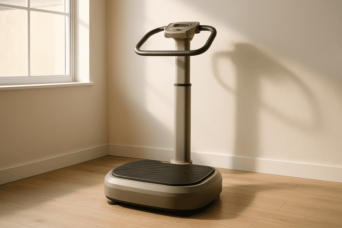 A vibration platform standing in the corner of a clean, uncluttered home gym