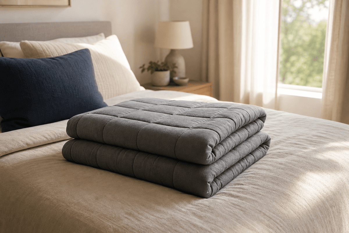 A neatly folded chunky weighted blanket on a made bed in soft morning light