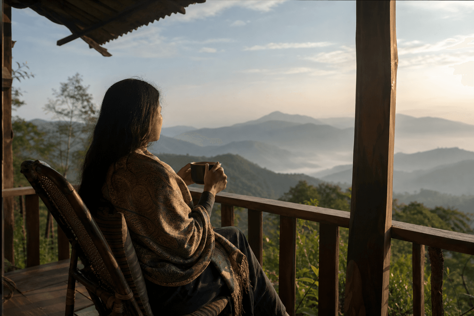 A person sitting quietly on a porch at dawn with a cup of tea, calm natural light, looking out at hills