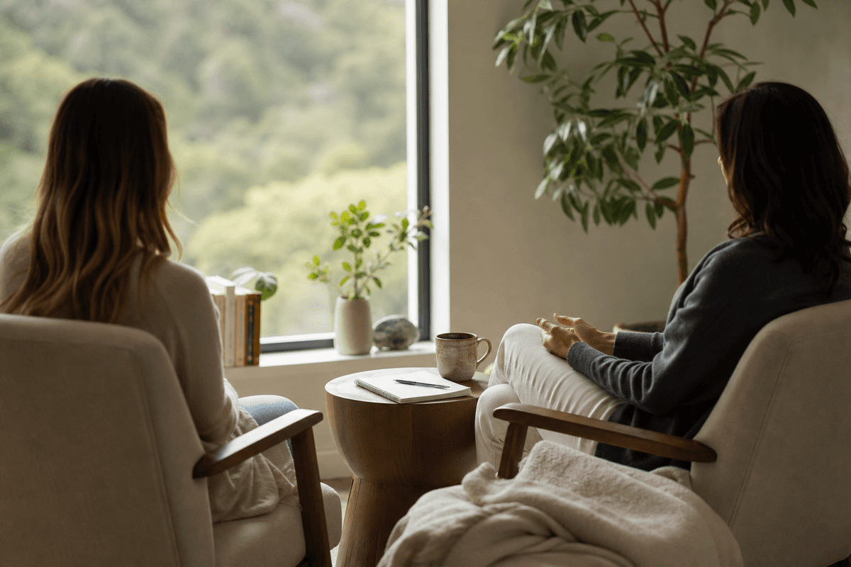 Two chairs facing each other beside a window with a notebook on a small table