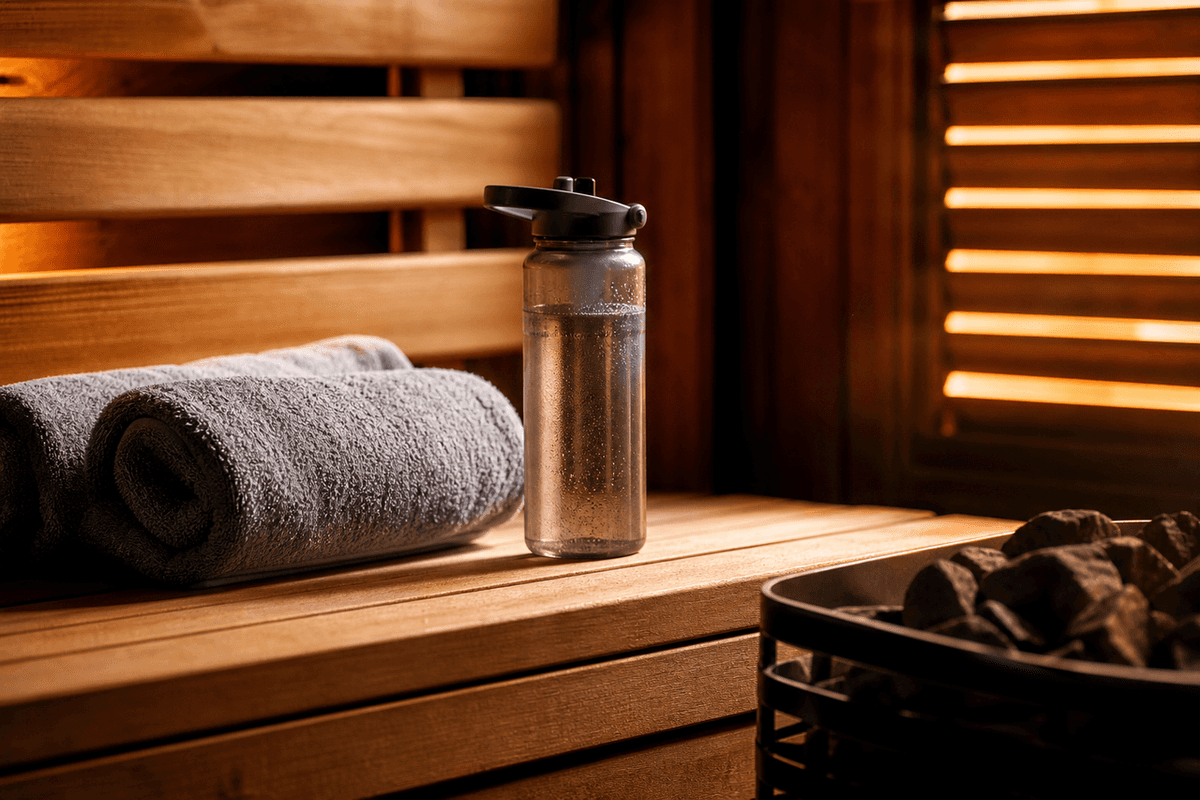 A towel and water bottle on a wooden sauna bench, warm evening light through the slats