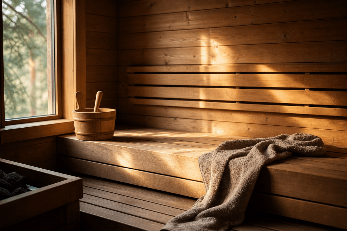 Warm low light falling across an empty wooden sauna bench, quiet and still