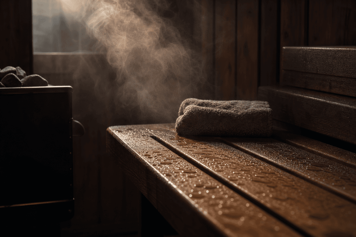 Steam rising in soft light against dark sauna wood, with water droplets on a bench