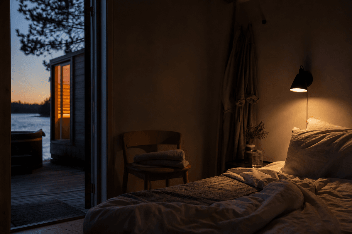 A dim, calm bedroom at dusk with soft lamplight and a folded towel on a chair, warm and quiet