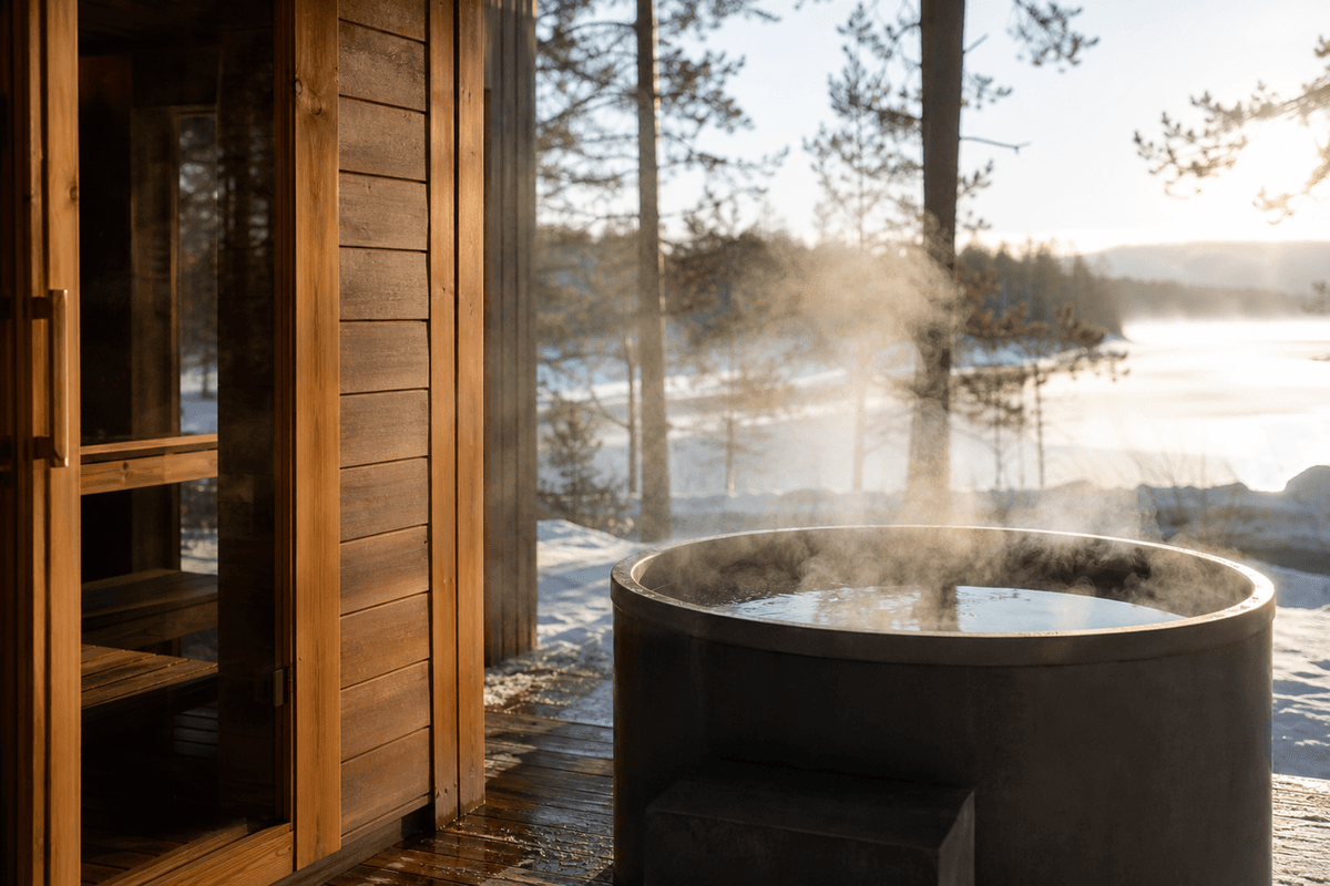 Steam rising from a cold plunge tub beside a wooden sauna door in cool morning light