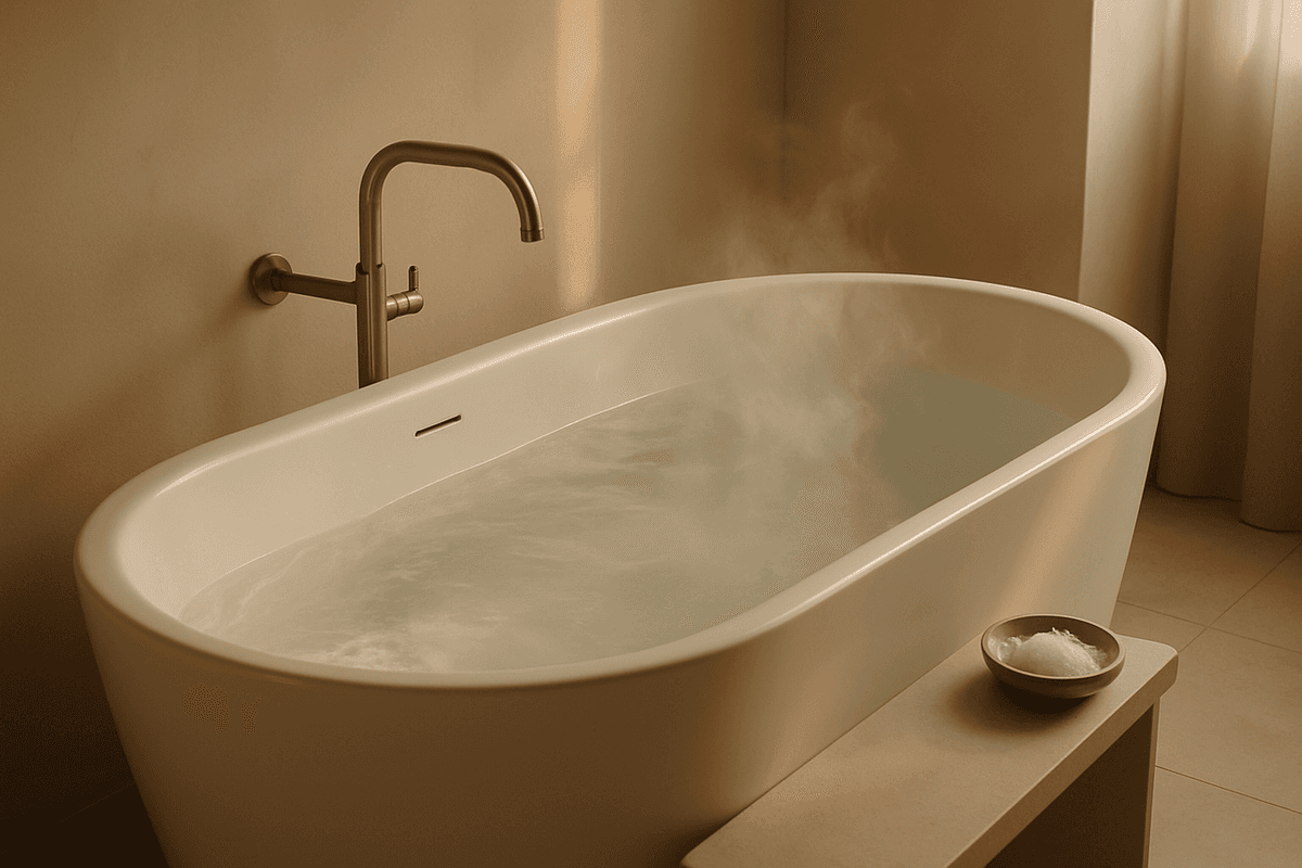 A warm bath in soft evening light with steam rising from the water