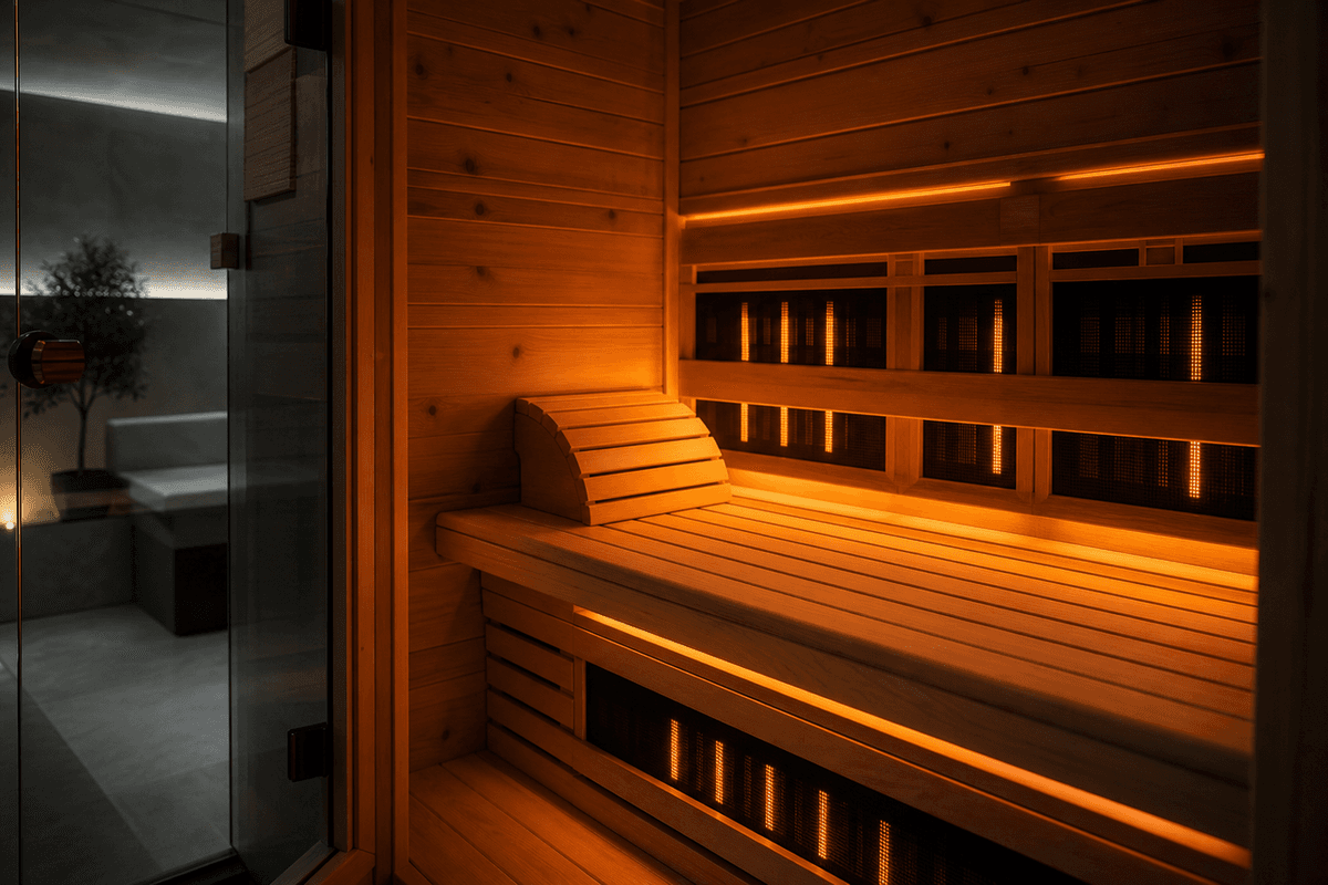 An empty infrared sauna cabin with warm wooden benches glowing under low light