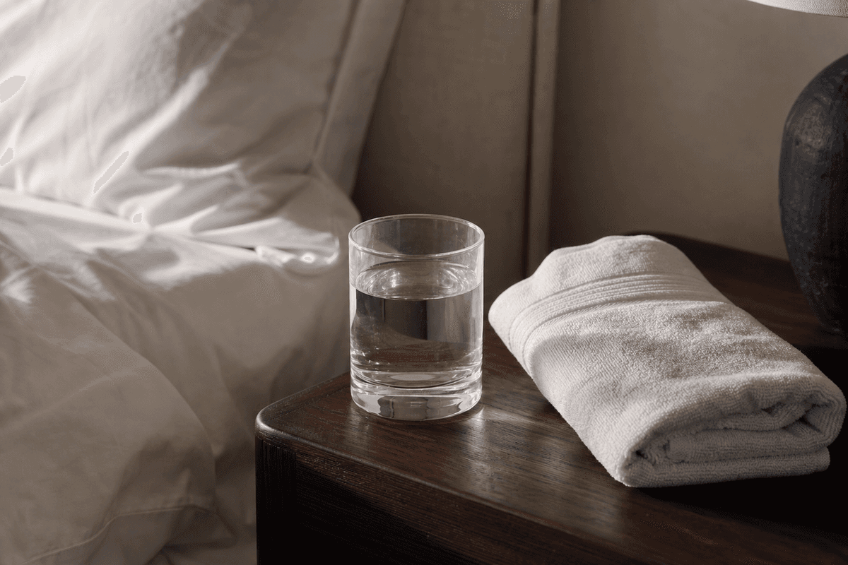 A glass of water and a folded towel on a bedside table in flat morning light
