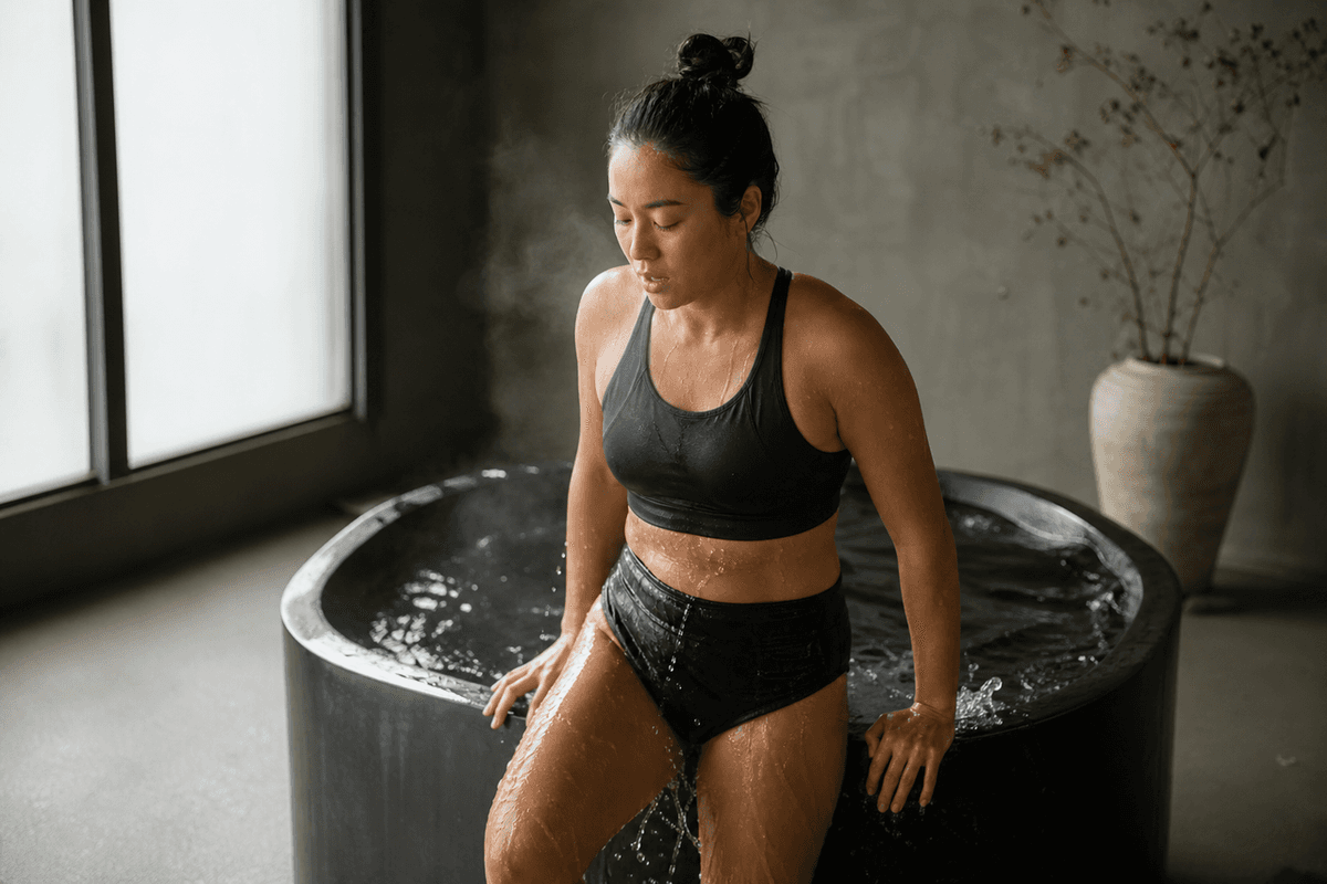 A person stepping out of a cold plunge tub in a calm studio, breath visible in cool air