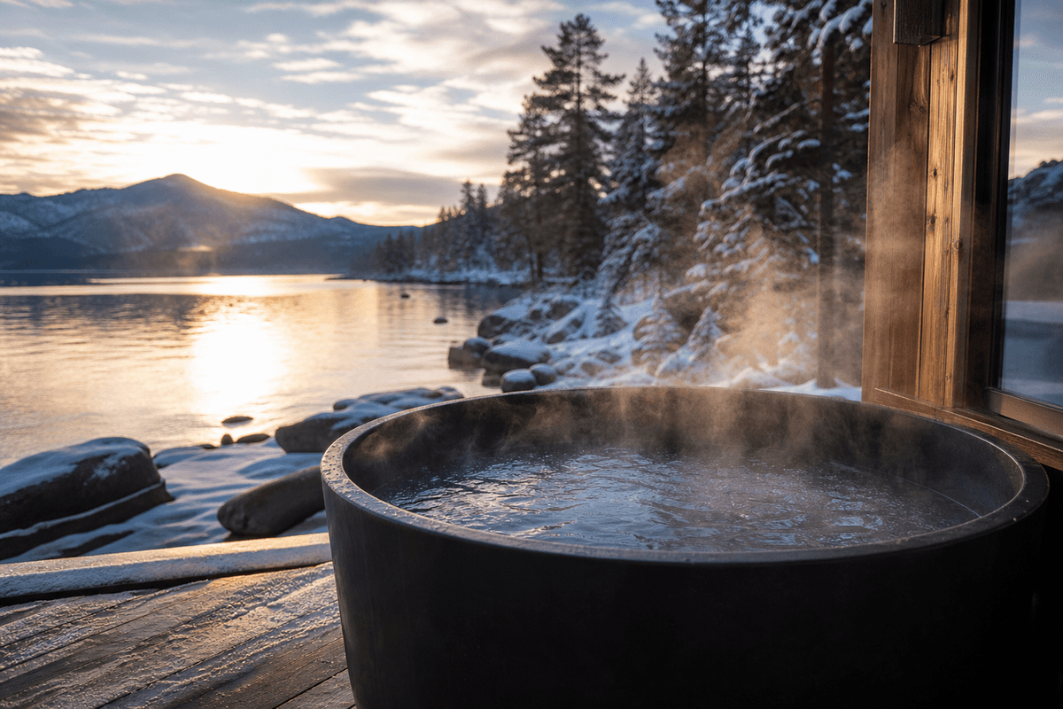 Steam rising off a cold plunge tub outdoors in cold morning light